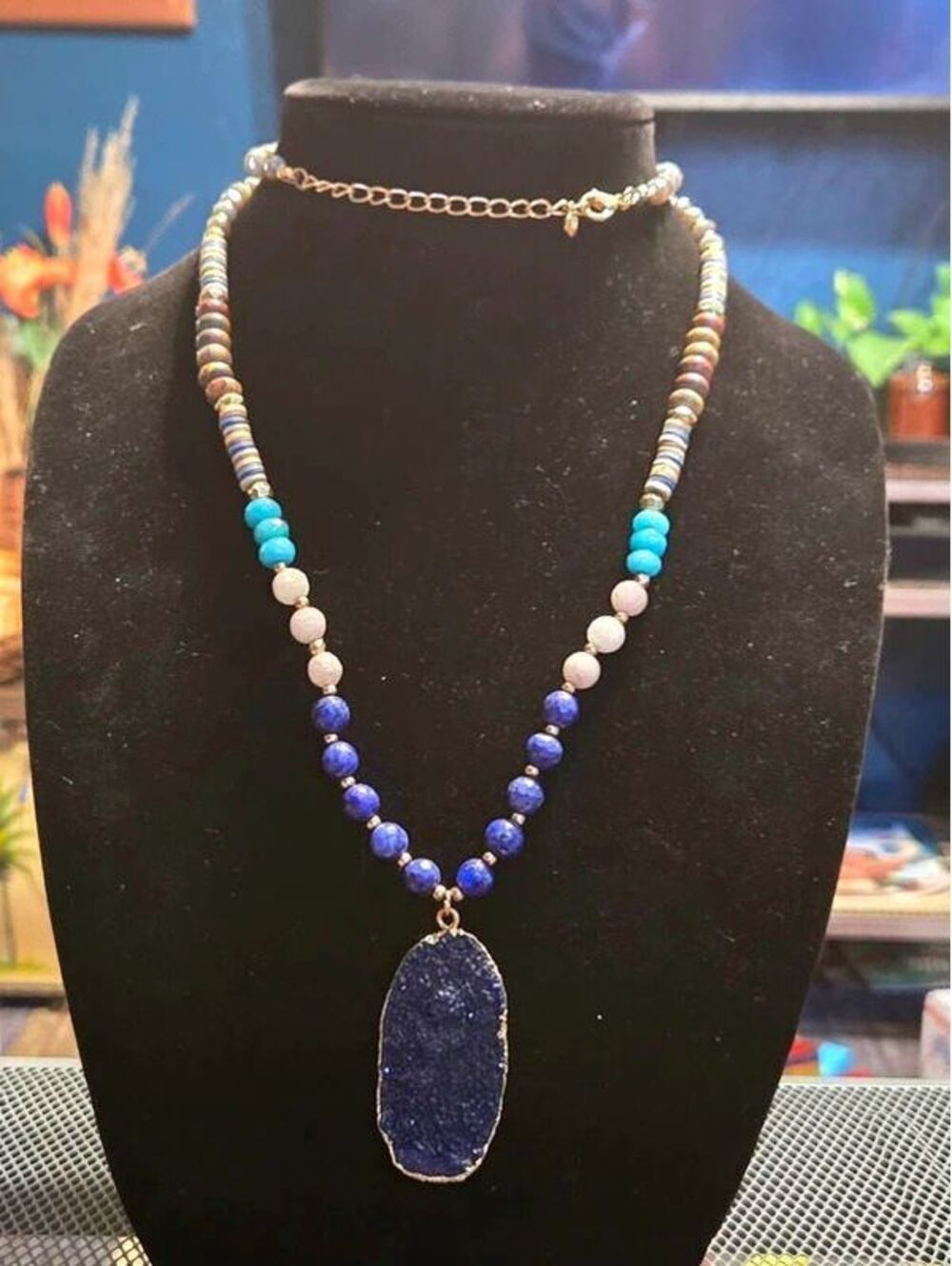 STUNNING Blue Druzy Geode Pendant Necklace with Mixed Stone Beads